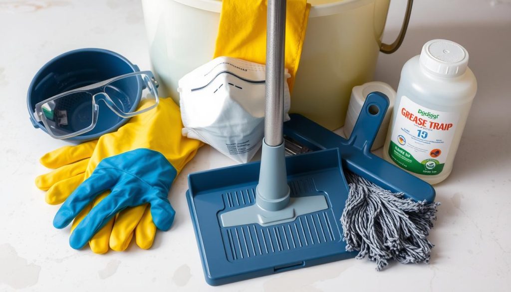 materiais e equipamentos de proteção para limpeza da caixa de gordura